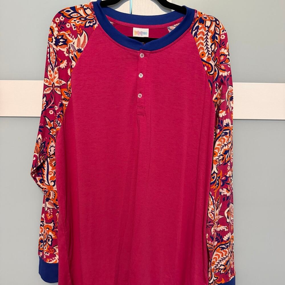 NWT LuLaRoe Mark Henley Raglan Top Floral Sleeve Pink Blue Size 2XL